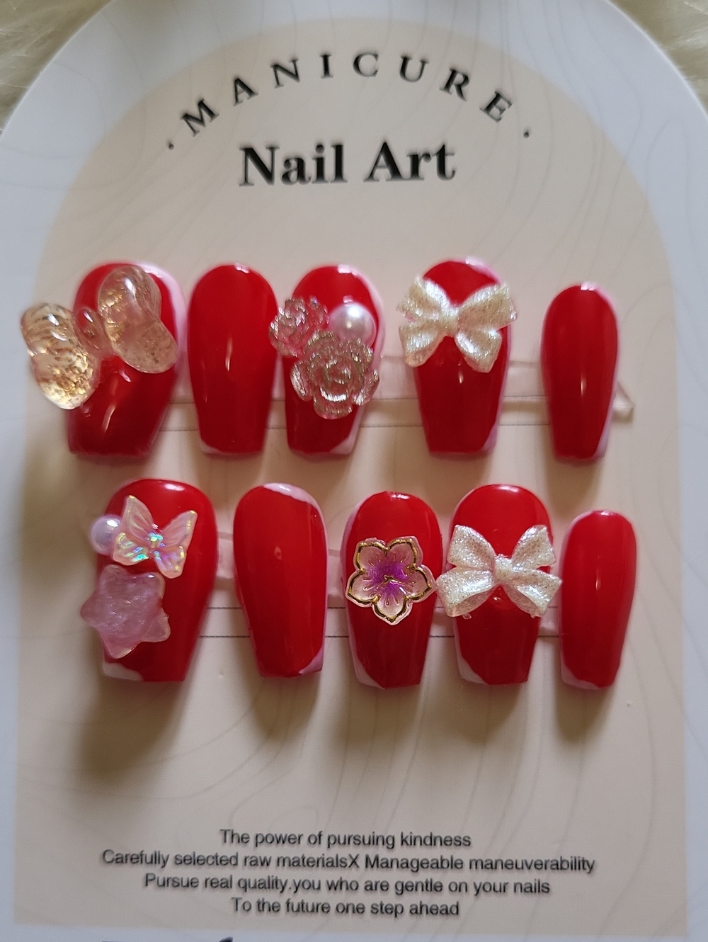 (S)🎀Premium Nail Art Red Bow Coffin Style w/ 3D Butterfly Press On Nails